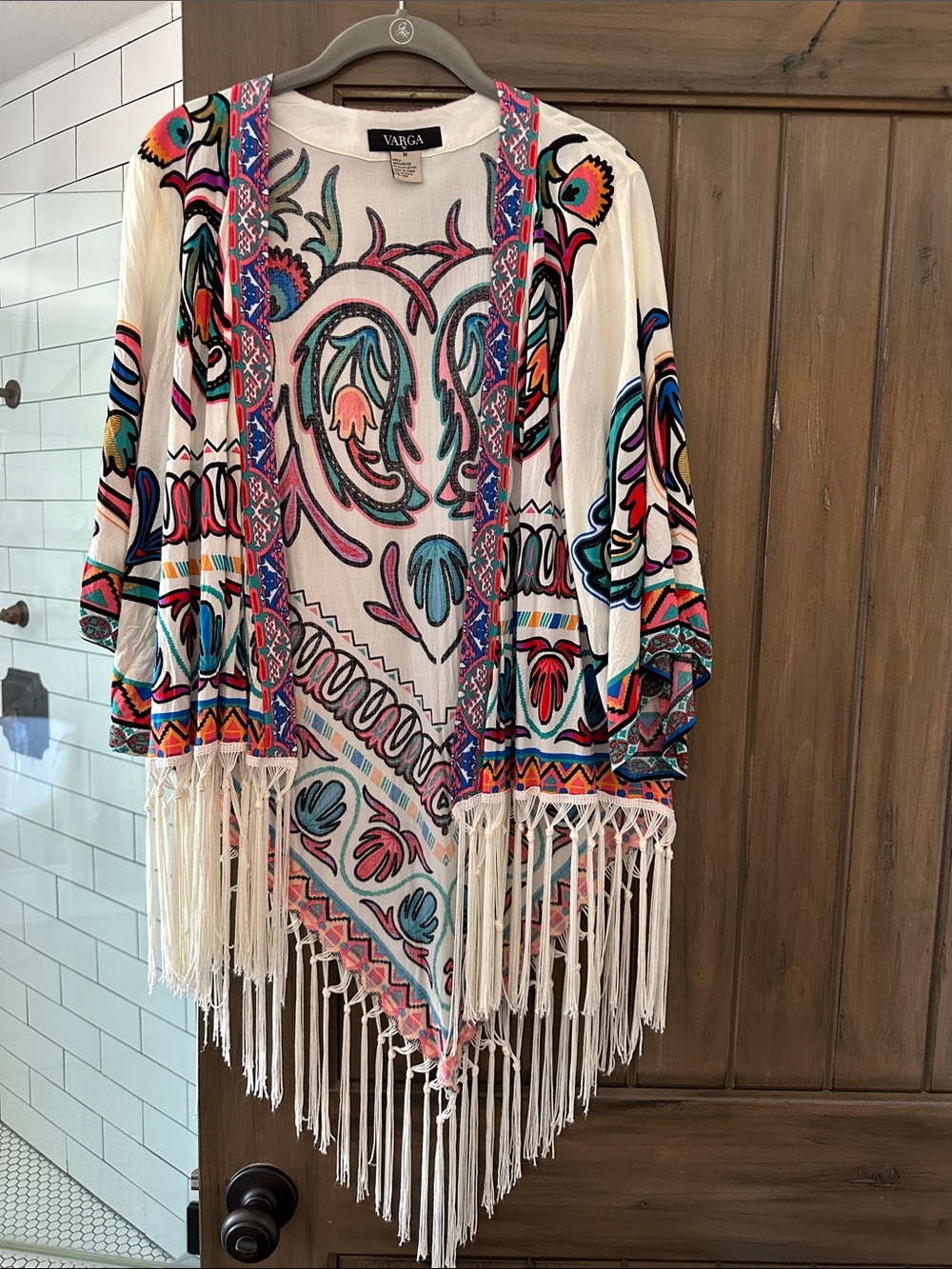 Varga White Fringe Kimono with Multicolor Embroidery